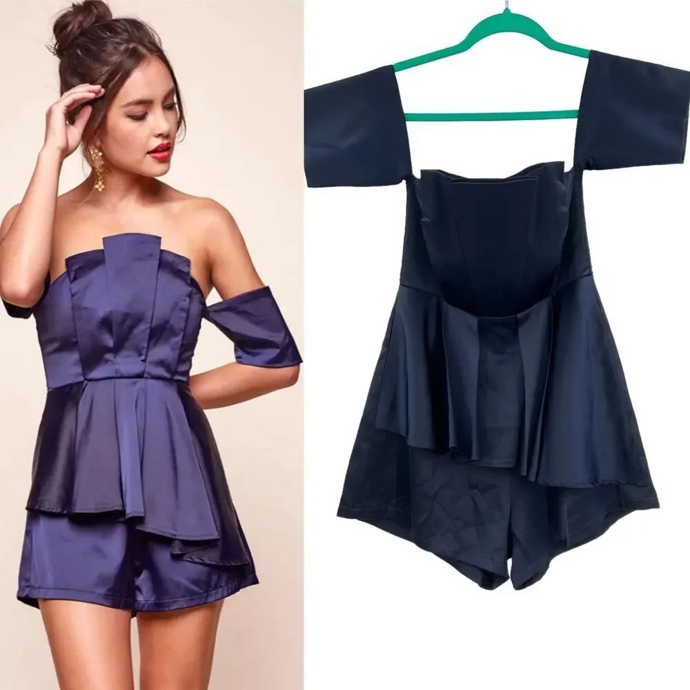 Selfie Leslie Aly Off the Shoulder Satin‎ Romper Navy Blue Size Small